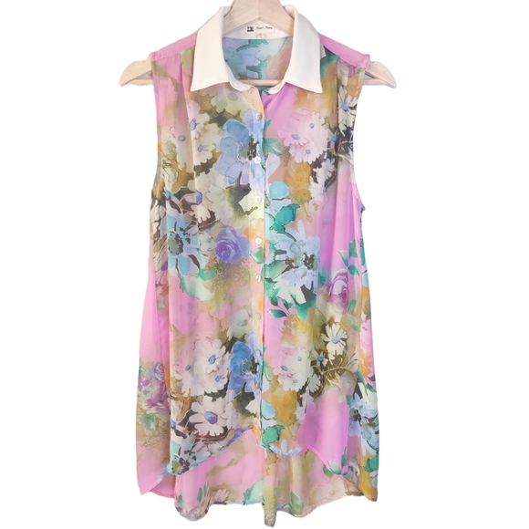 Vintage cotton candy floral sheer sleeveless blouse - Picture 1 of 6